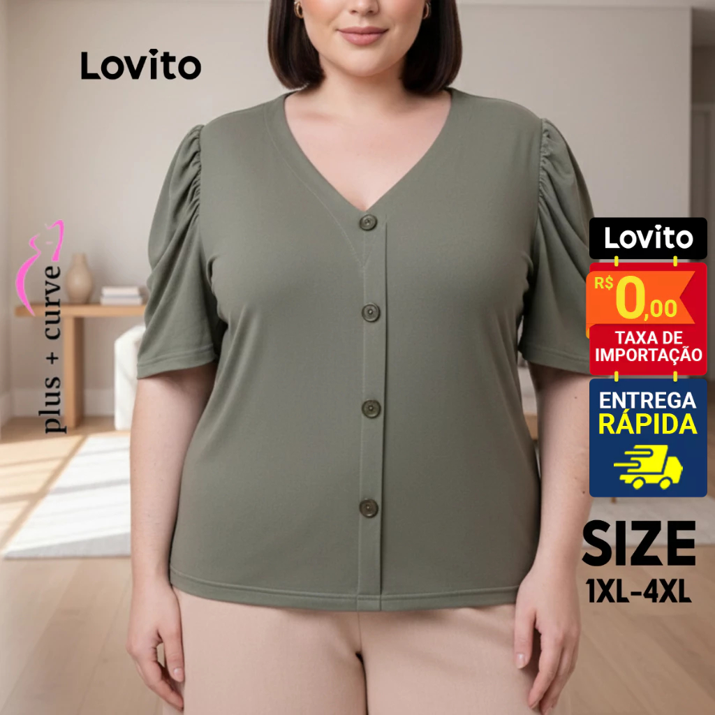 Lovito Blusa Plus Size Feminina Casual Botão Frente LB331BRL360