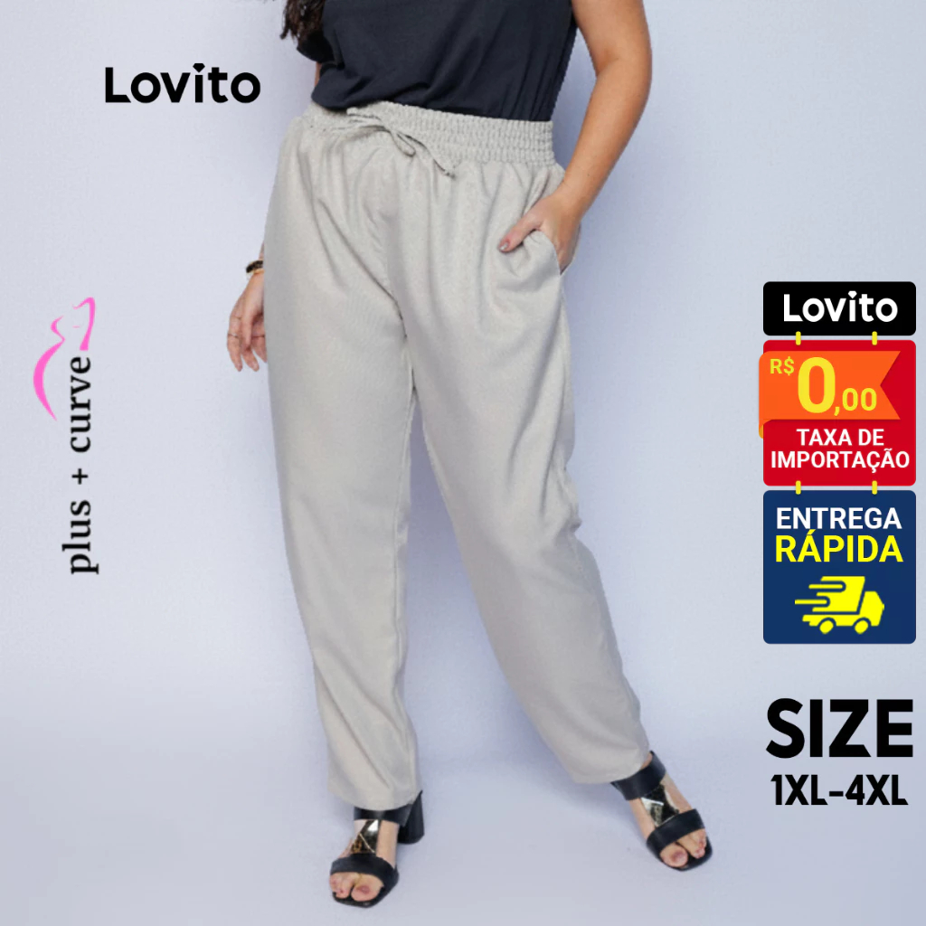 Lovito Calça Plus Size Alfaiataria Slim Elástico Cintura e Amarração Feminina LB61BRL090