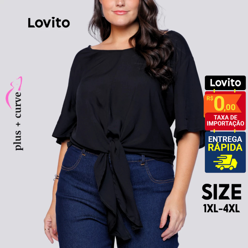 Lovito Blusa Feminina Plus Size Viscose com Detalhe de Amarração na Barra LB1BRL019
