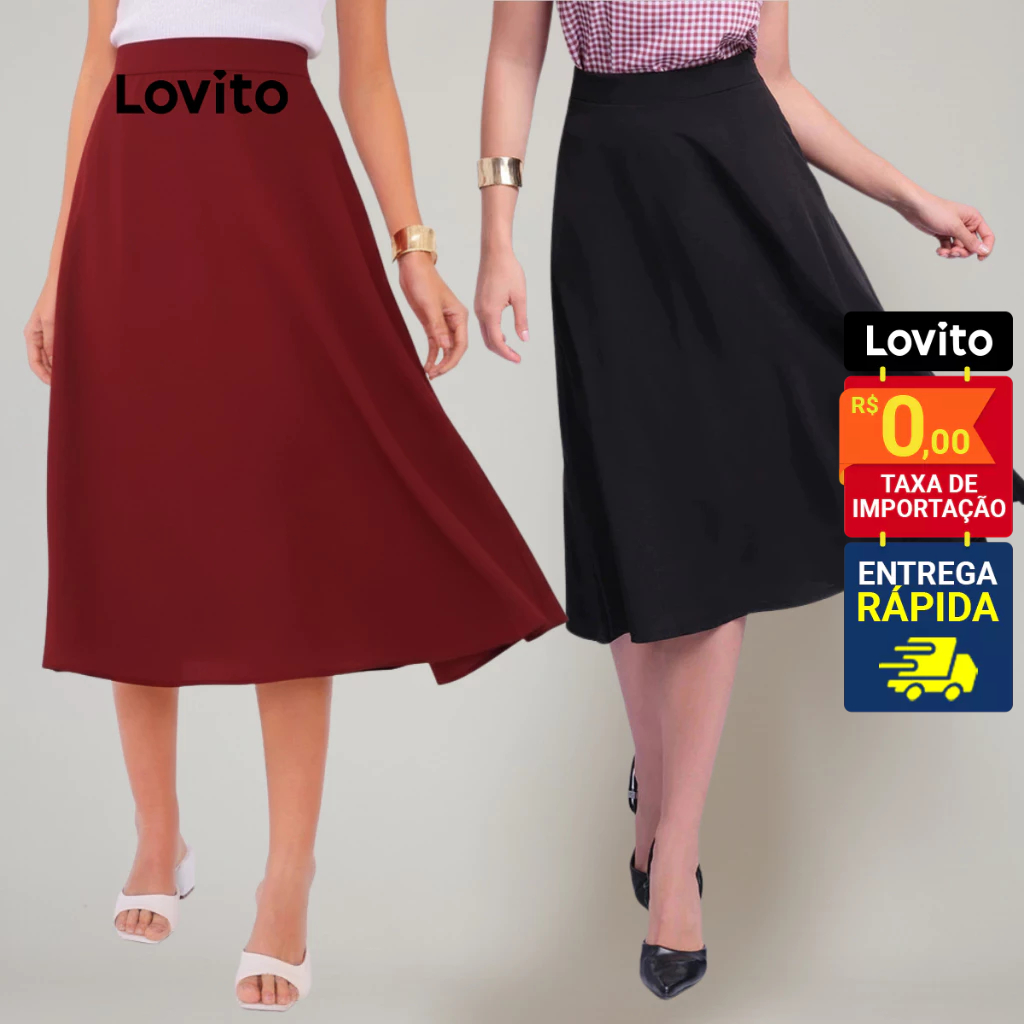 Lovito Saia Midi Rodada Vermelha e Preta Feminina Lisa LB412BRL441