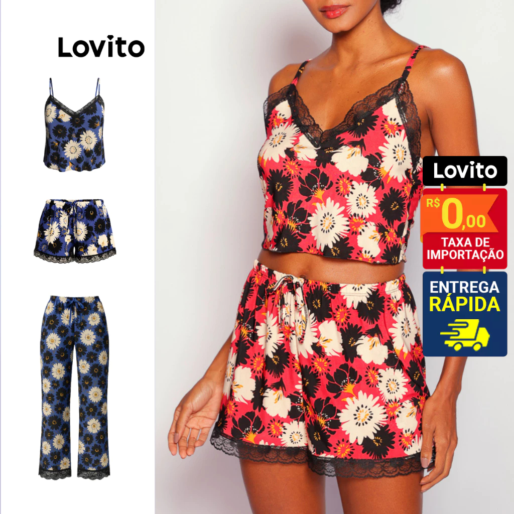 Lovito Pijama Conjunto 3 peças Longo e Curto Floral para Mulheres LB796BRL826