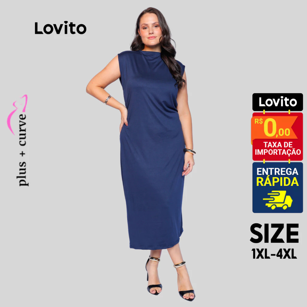 Lovito Vestido Midi Azul Elegante Liso Plus Size Feminino LB1044BRL1074