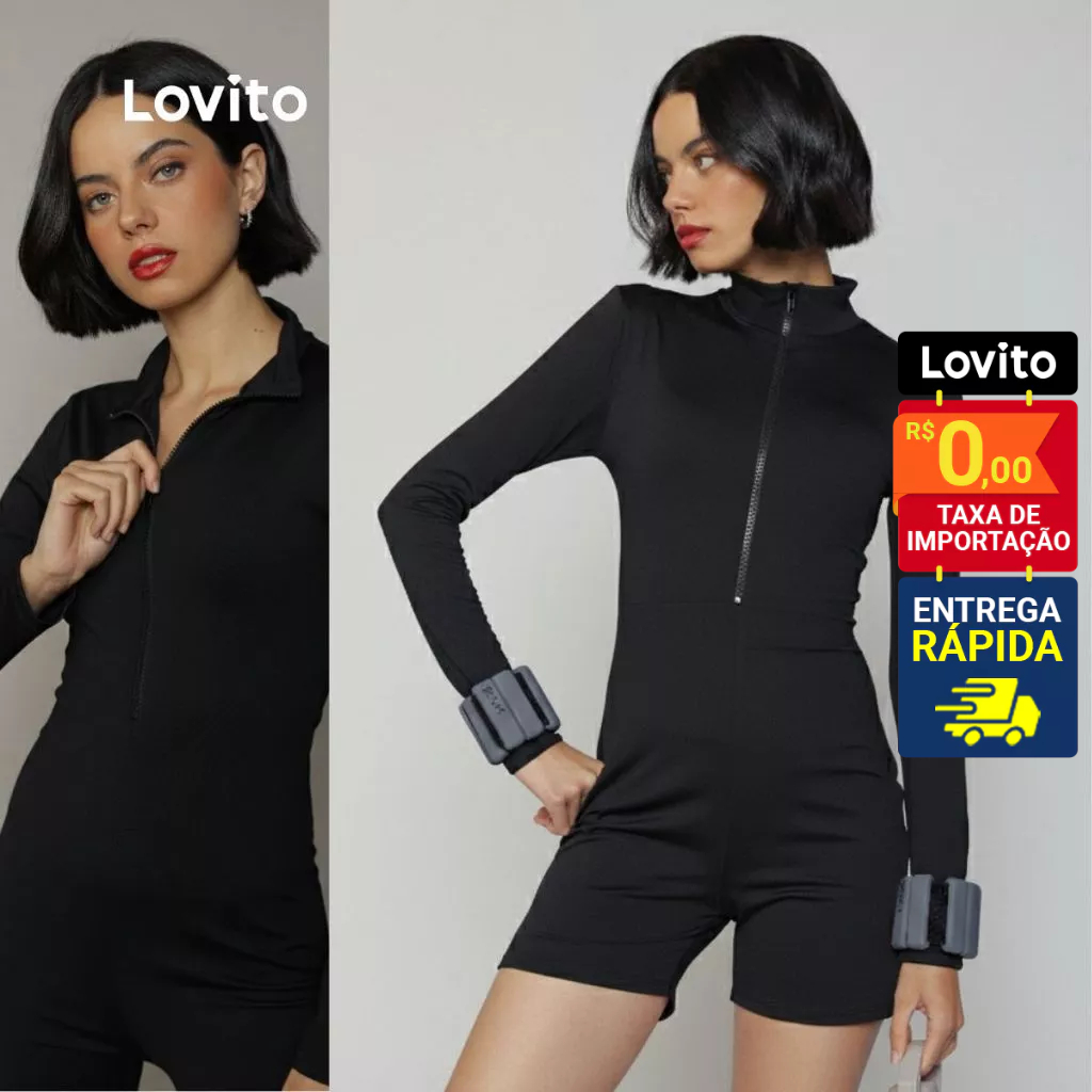 Lovito Macacão Curto Manga Longa Esportivo Liso com Zíper Feminino LB730BRL760