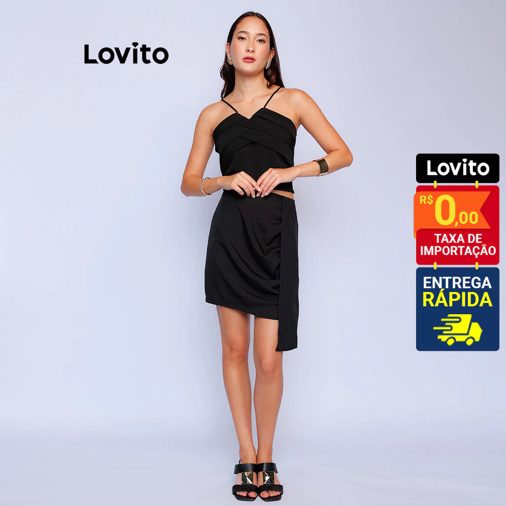 Lovito Saia Assimétrica Curta Lisa Casual Feminina LB608BRL638