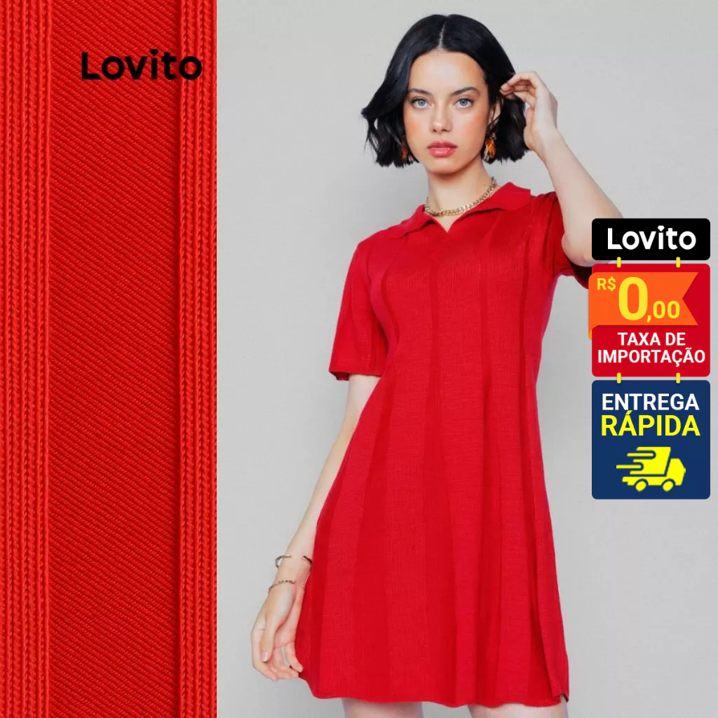 Lovito Vestido Curto Polo Tricot Casual Liso em Linha A Feminino LB958BRL988