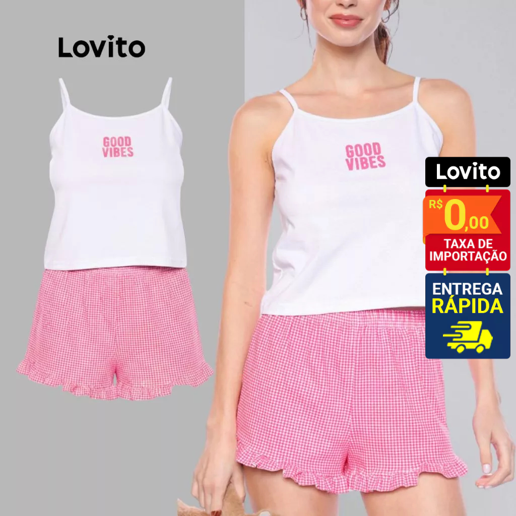Lovito Conjunto de Pijama Feminino Regata e Shorts Estampa Good Vives e Shorts Xadrez LB1425BRL1455
