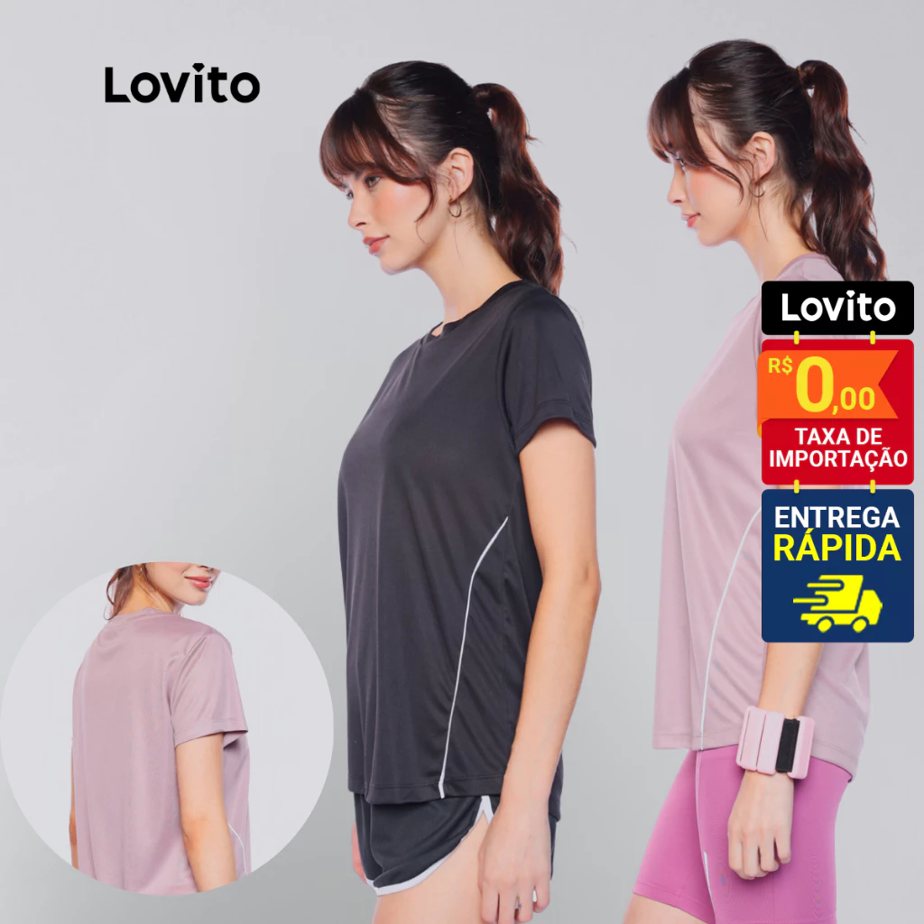 Lovito T-shirt Preta Academia Com Friso Contraste Manga Curta Esportiva Feminina LB14841514