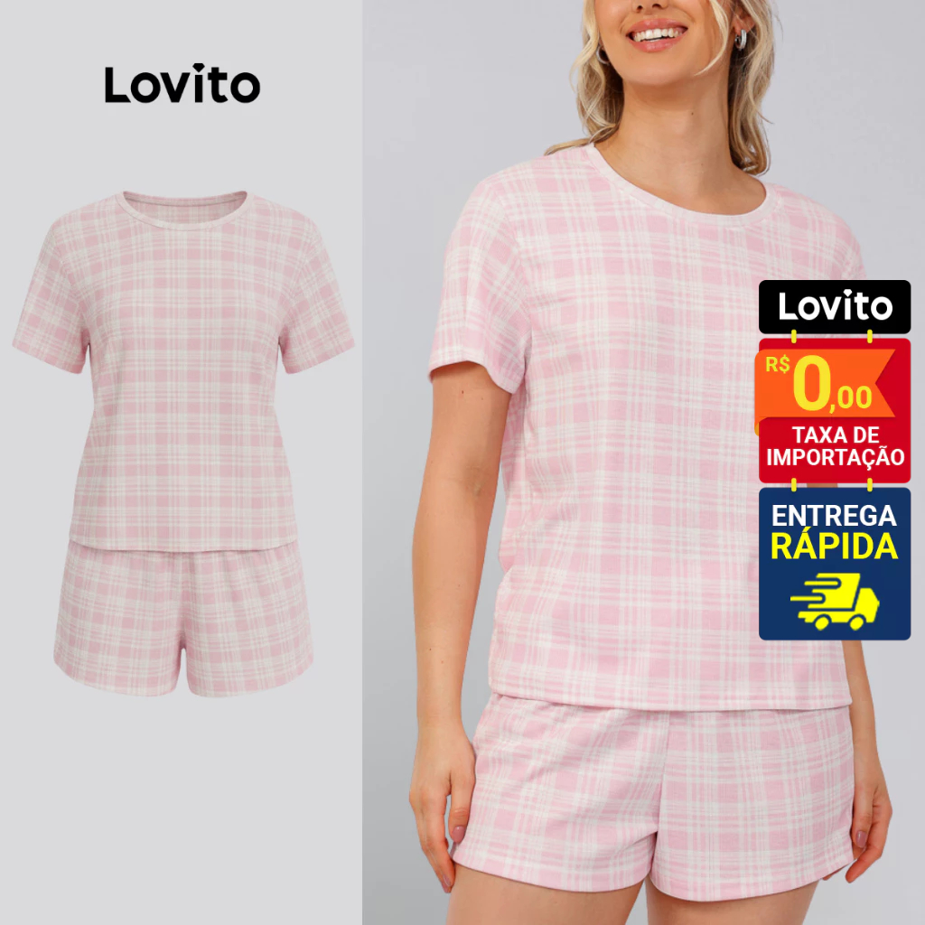 Lovito Conjunto de Pijama Femino Camiseta Manga Curta e Shorts Estampa Xadrez LB1006BRL1036