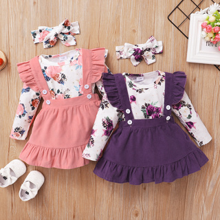 0-12 Meses de Algodão de Pescoço Redondo Misturado Floral de Manga Longa Romper Saia Suspender Fita de Cabeça Primavera Outono Recém-nascido Moda Bebê Fato de Três Peças