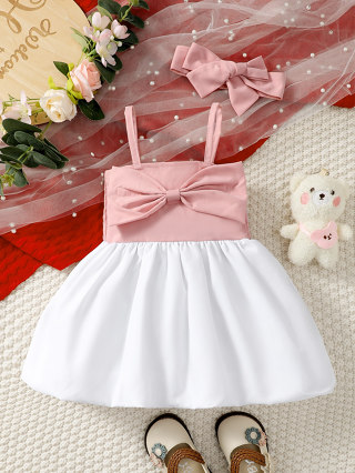 [Value Choice] 0-3 Anos De Idade Recém-Nascido Menina Festa De Verão Confortável Vestido De Lanterna De Laço Suspensório Rosa-Branco