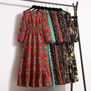 Vestido de Festa de Primavera Outono Vestido de Manga Longa com Pescoço Redondo Floral Longo Cintura Estreita Slim Vestido Longo