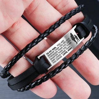 [Para Meu Filho De Mãe E Pai Pulseira De Couro Homens Aço Inoxidável Pulseiras