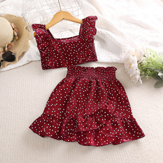 [Value Choice] Meninas Fato Vermelho Polka Dot Flying Sleeve Square Neck Short Top & Saia Vermelha