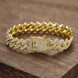 [Bling 13.5mm Prong CubanChain IcedOut Bracelet Rhinestone Zircon Paved Bracelets Para Homens Jóias Femininas