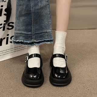 [Escolha De Valor] Sapatos de Couro de Calcanhar Francês Estilo Hepburn Pequenos Sapatos de Couro de Calcanhar Grosso Mulheres 2023 Primavera Verão Novo Estilo Britânico de Fivela Plana de Fivela Grossa Mary Jane Shoes