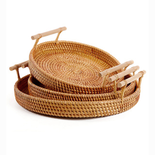 Bandeja De Rattan Armazenagem Redonda Com Cabo De Madeira Para Pão De Frutas Servir Alimentos