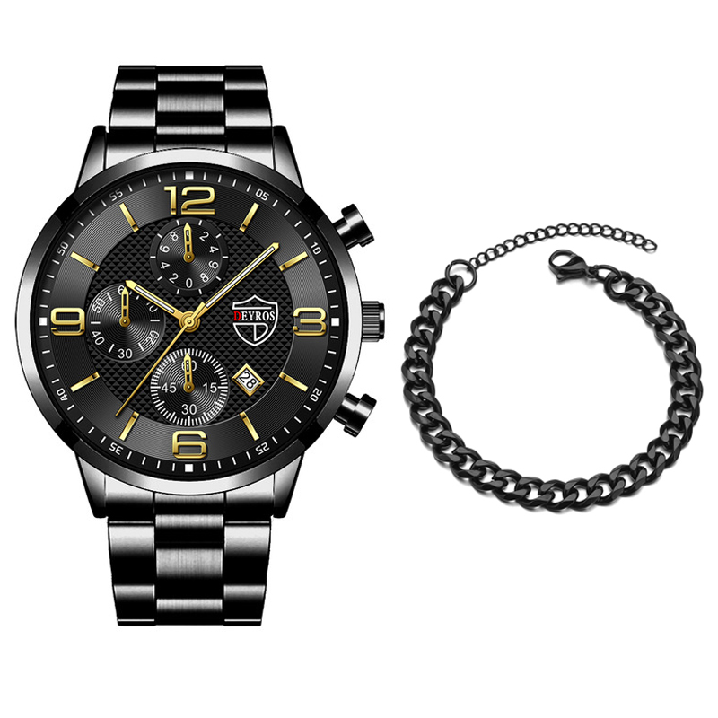 2PCS Fashion Mens Bracelet Relógios De Moda Pulseira Homem Conjunto De Luxo Prata Esportiva Relógio De Quartzo De Aço Inoxidável Pulso Casual De Negócios