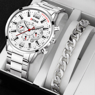 【 Watch + Bracelet 】 Original Relógio De Pulso Analógico De Luxo Em Aço Inoxidável Para Homens Com Várias Cores Disponíveis