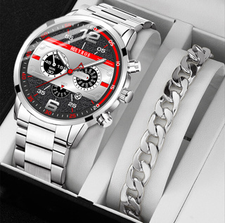 2 Pcs Set Pulseira Relógio Masculina Masculino De Aço Inoxidável Luminoso Com Display De Calendário