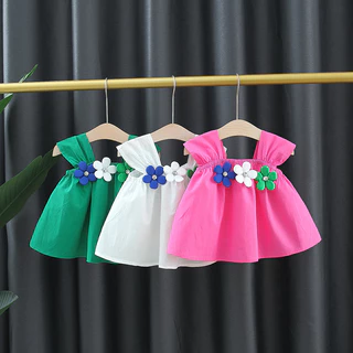 [Vestido De Menina Algodão Fofo De Flor Para Bebê Cor Sólida Confortável Respirável Coreano Estilo Kids Princess Outing Clothing
