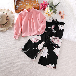 Fato feminino de manga comprida cor-de-rosa Top+ Calças estampadas pretas