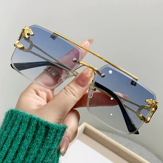 Óculos De Sol Sem Borda Vintage Mulher Homem Rectângulo Aviador Moldura Tigre Com Metálica Decorada