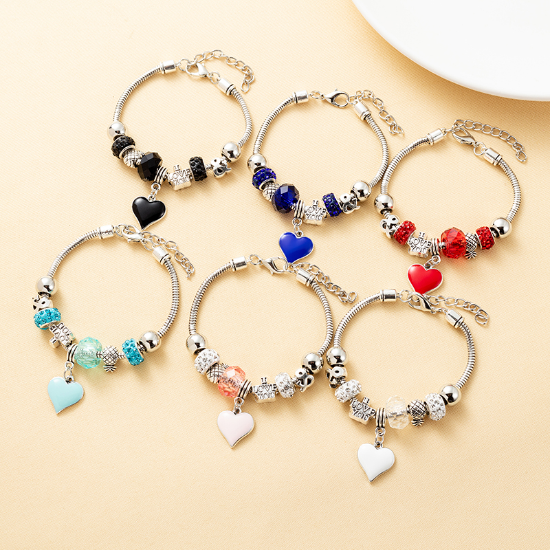 One Pack Pulseira de Vidro Colorido Gem Beads Heart Charm Bracelet Pulseira de Jóias para Senhoras Pulseira de Presente