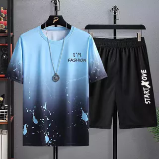 [Value Choice] Summer Men's New Style Street Wear Ice Silk Fato de Manga Curta de Seda Moda Tudo em Combinação Fato Casual Gradiente de Cor de Duas Peças
