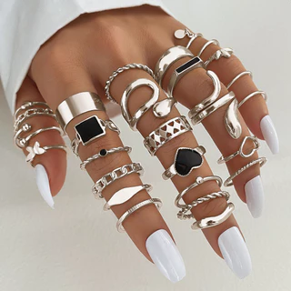 Anel quadrado de 27 peças do coração Epoxy preto Conjunto de 27 peças do coração Ladies Multi-Piece Set