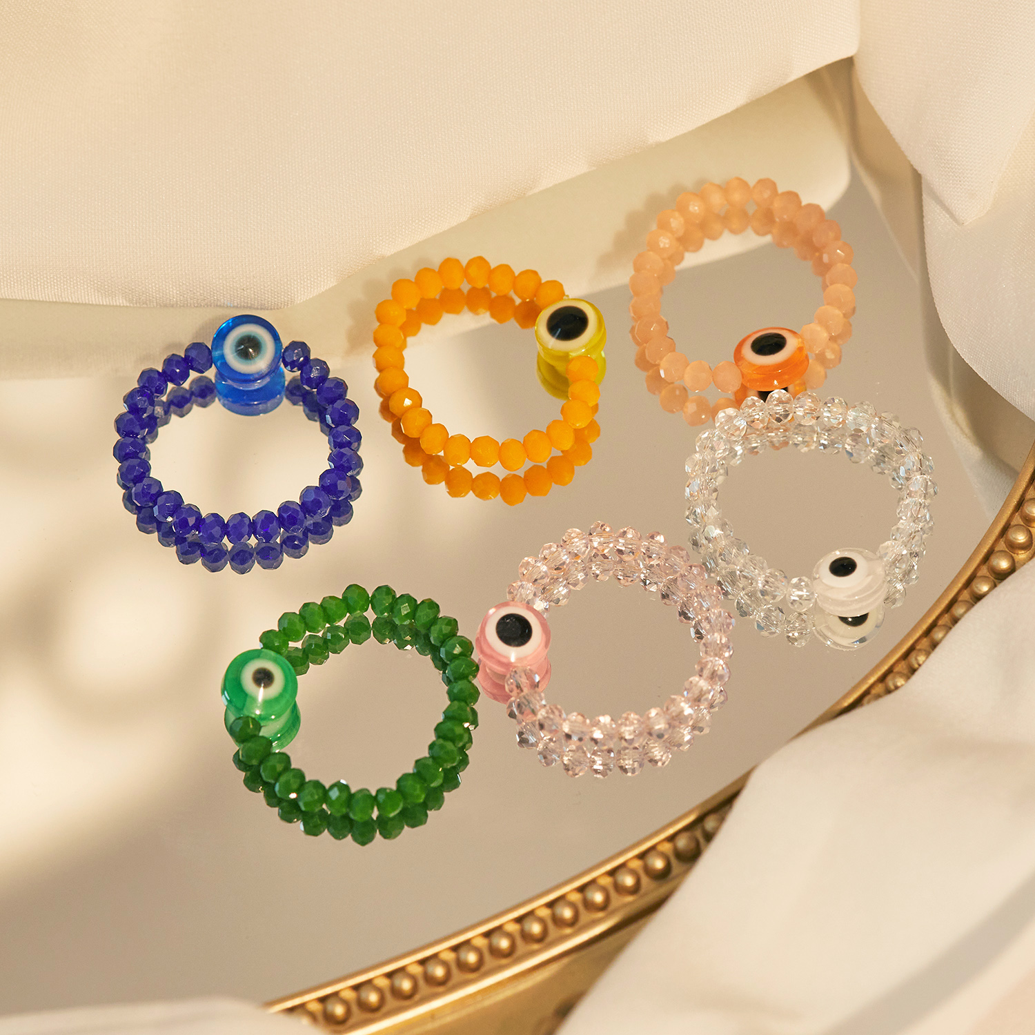 Resina De Olho Azul Do Diabo De Arroz Com Contas De Cristal Anel Elástico