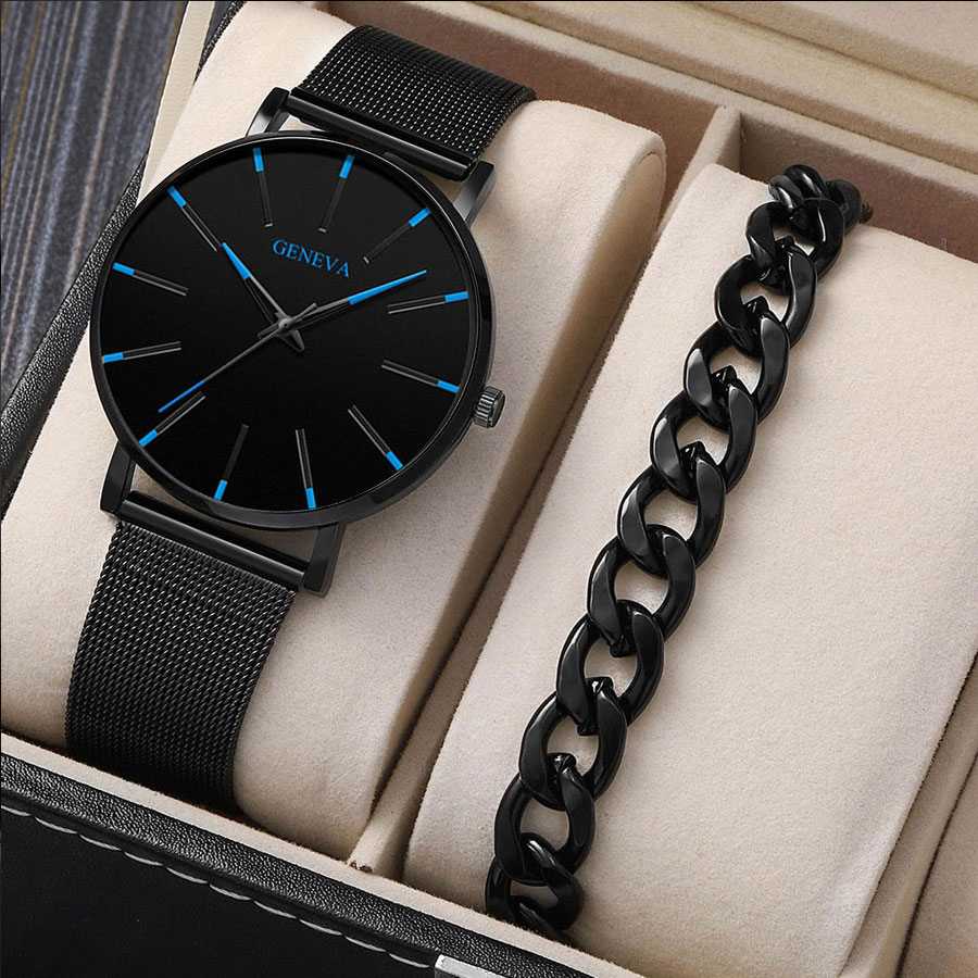 Conjunto de 2 peças Relógio de malha masculina simples Relógio de quartzo masculino de escala Casual