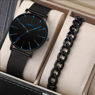 Conjunto de 2 peças Relógio de malha masculina simples Relógio de quartzo masculino de escala Casual