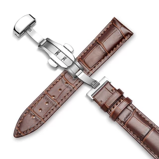 20 22mm Correia de Couro Genuína de 22mm Prensa Dupla Automática Butterfly Buckle Bamboo Grain Cowhide Unisex Strap Watch Accessories