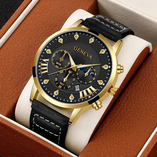 1 Relógio de pulso de quartzo falso de três olhos de strass incrustado com mostrador luminoso de moda masculina Calendário de pulso de quartzo