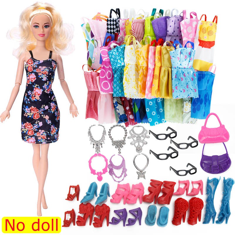 32pcs/set Acessórios Para Bonecas 10 Saias De Moda Mistas + 4 Óculos + 6 Colares + 2 Bolsas De Mão + 10 Sapatos Vestidos Boneca Barbie