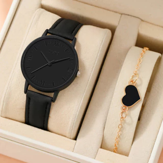 Relógio de Couro Preto Pulseira Coração de Quartzo para Senhoras Pulseira Coração de Quartzo