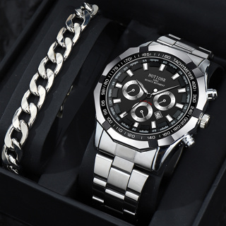 2PCS Fashion Men Relógio Redondo De Aço Inoxidável Conjunto De Pulseiras De Calendário Casual Masculino