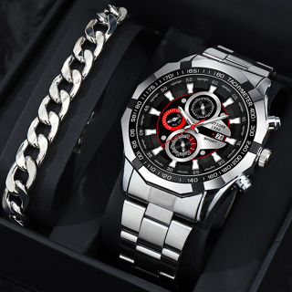 2PCS Fashion Men Relógios De Moda Aço Inoxidável Pulseira De Calendário Comercial Masculino