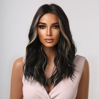 16 Polegadas Perucas Long Dark Brown Highlight Wigs for Women Middle Part Peruca Sintética De Cachos Para Uso Diário