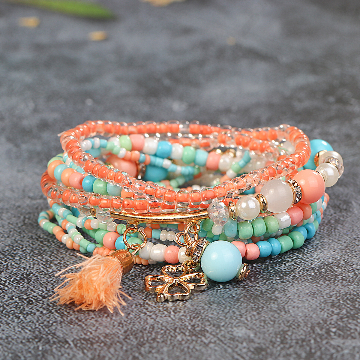 9pcs / set Bracelete estilo boêmio Pulseira Multi-Layer Pulseira de Arroz com Contas Coloridas Tassel Quatro Folhas Conjunto de Pulseira com Pingente de Trevo