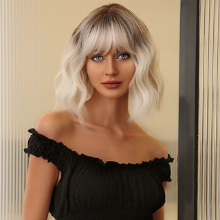 14 Polegadas Perucas Curtas De bobo Encaracolado Preto ombre Branco Com De Franja Para Mulheres WL1077-2