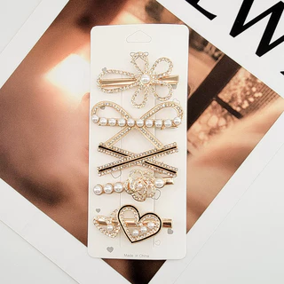 5pc Alloy Rhinestone & Faux Pearl Bow Decorativo Clip De Cabelo Elegante Liga De Pato Fofo Não Deslizante Acessório