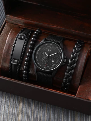 Relógio de Quartzo Manual Redondo Masculino de 1 peça e Pulseira de 3 peças