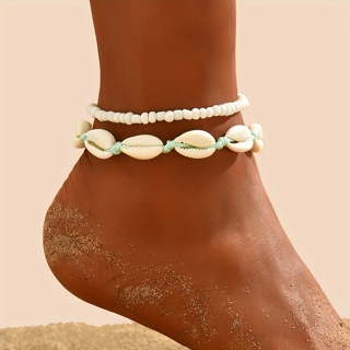 2PCS New Summer Beach Natural Shell Anklets Boho Colorful Beads Corrente De Contas De Tornozelo Em Camadas Pulseira Para Mulheres Homens Jóias De Festa De Viagem