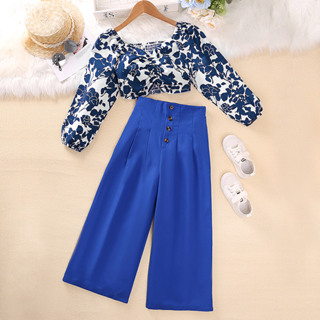Fato feminino 8-12Y Big Kids Blue Floral Long Sleeve Top & Calça Azul Flared