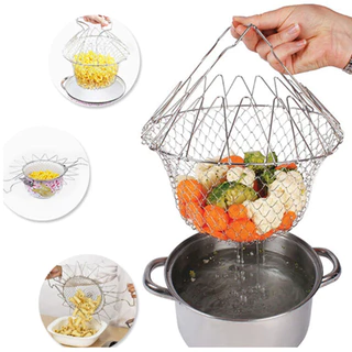 Cozinha Doméstica Dreno Azul Dobrável Cesta De Cozinheiro Estilo Francês Ferramenta De Fritura Em Aço Inoxidável