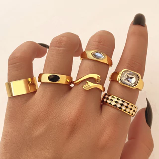 Anel de xadrez epóxi branco preto Conjunto de seis peças Anel de Moda
