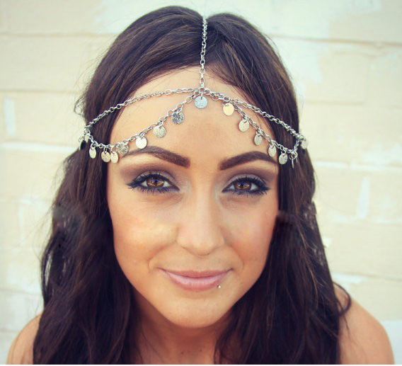 1 peça de disco dourado Tassel Headdress Metal Chain Girl Forehead Jewelry Decoração
