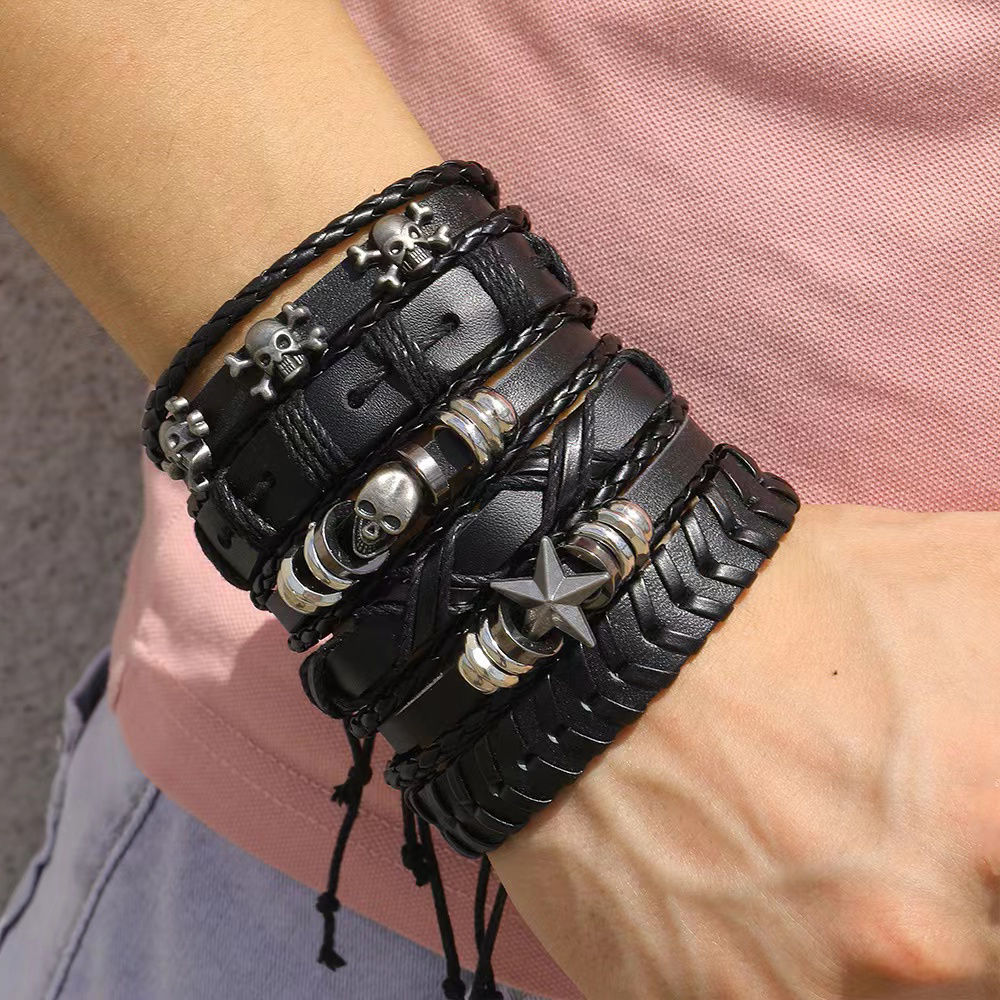 Nova Moda Homem Bracelete De Couro Skull Pulseira Unisexo Pulseiras De Múltiplos Pulsos Esqueleto Conjunto De Bangles 2023 Party Jewelry