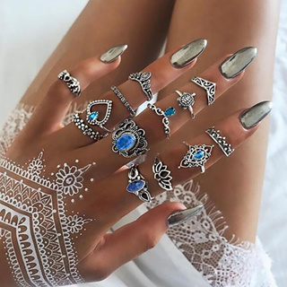 13 PCS / Set Retro Diamante Coroa Esculpida Coroa Azul Anel de Junta de Cristal de Coração
